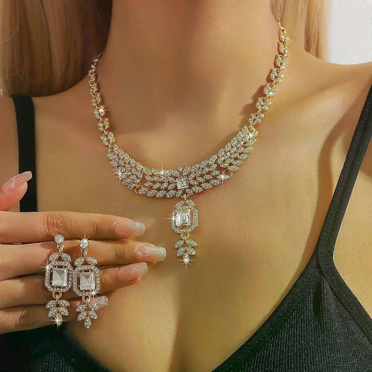 3PC Femmes Mode Géométrique Feuille Carrée Collier Boucles D’oreilles Ensemble De Bijoux Adapté Pour Les Cadeaux De Mariage et De Festival
