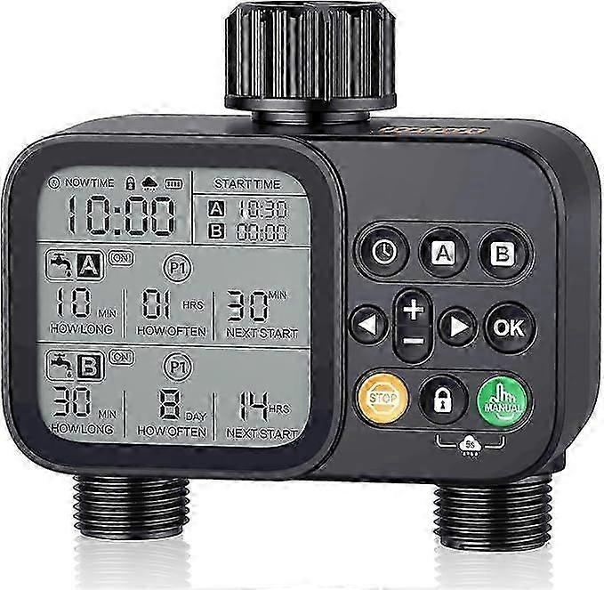 Sprinkler Timer for Outdoor Garden Hose, 2 Outlet 8 Programmable Water Timer with Rain Delay & Manual/Automatic Modes, Weatherproof Irrigation System