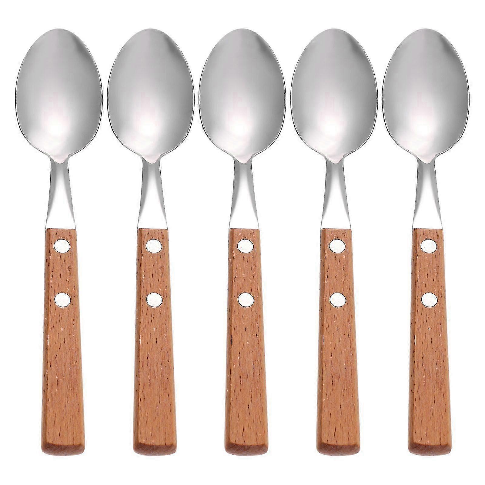 5pcs Stainless Steel Spoons with Wood Handles - Assorted Color Dessert Scoops for Baking & Serving