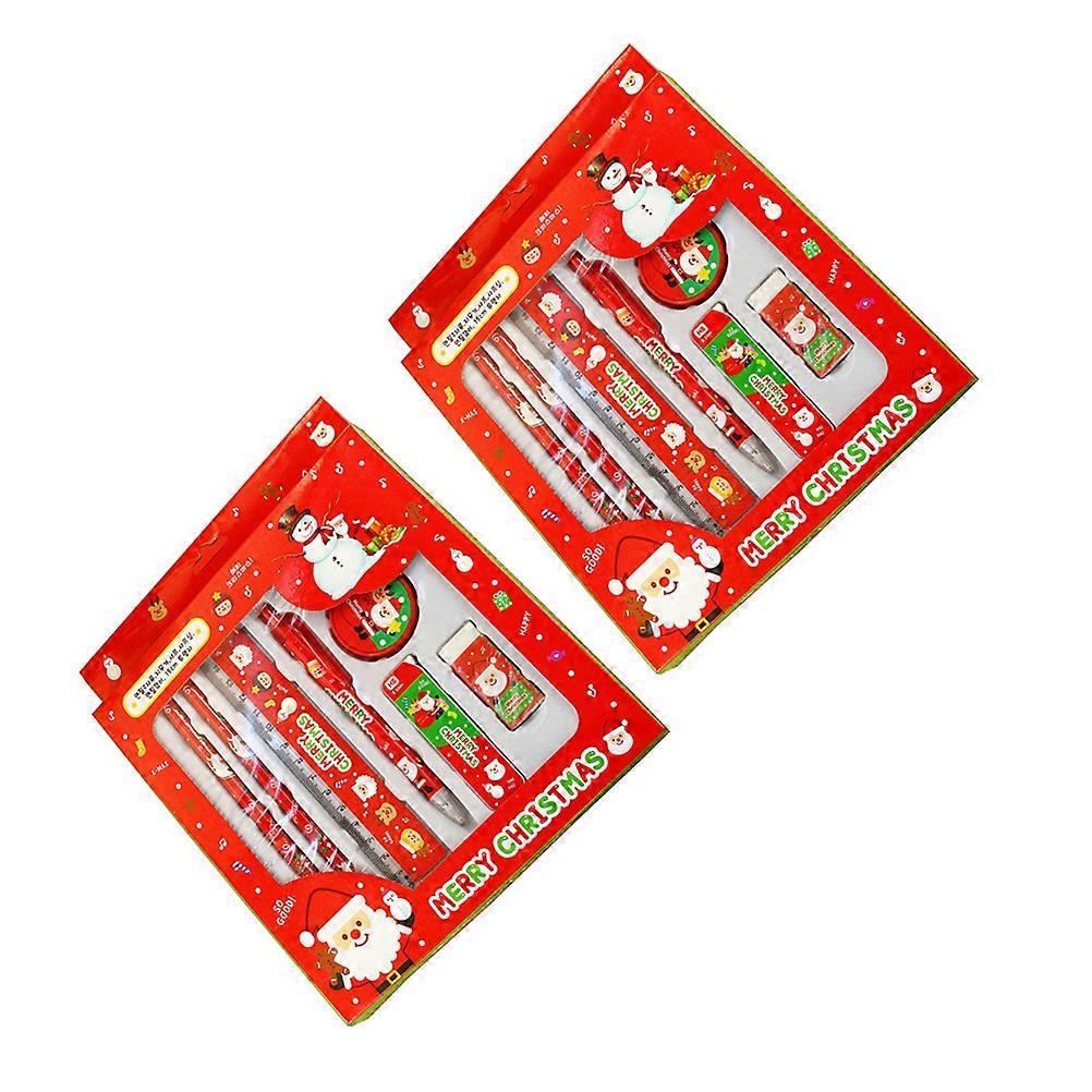 Festive 2 Set Christmas Stationery Set With Pencil Eraser Sharpener Ruler In Red Attractive Design For Kids