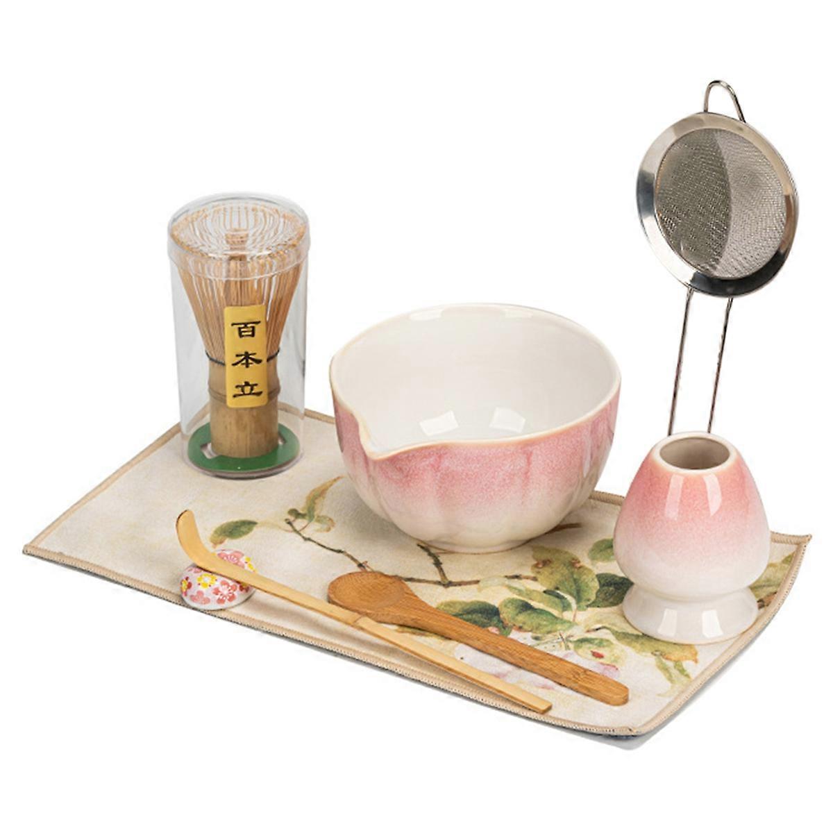 ?Cherry Blossom Pink Matcha Bowl Set 8pc with Master Cup 100-Prong Bamboo Whisk Tea Scoop Song -Insp