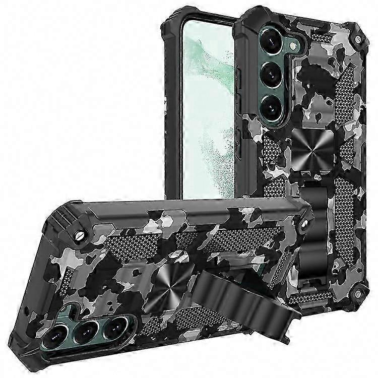 Shockproof Kickstand Case for Galaxy S23, Camouflage Design with Reinforced Corners, PC+TPU Hybrid Cover