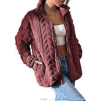 Women's Wool Coat Zipper Stand-Up Collar Pocket Coat  Burgundy XL