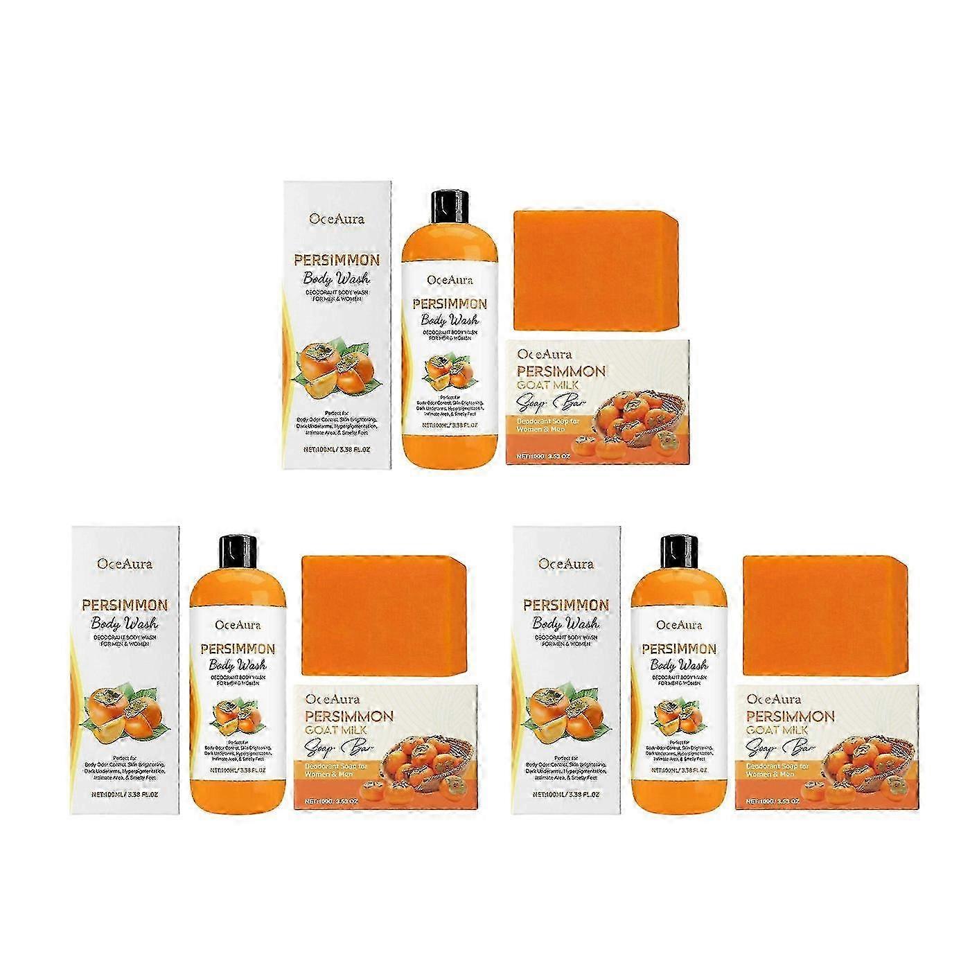 3set Persimmon Body Wash + Persimmon Soap Bar Set for Body Odor Control, Purifying Deodorizing Body Soap for Eliminating Odor, Skin Brightening_li