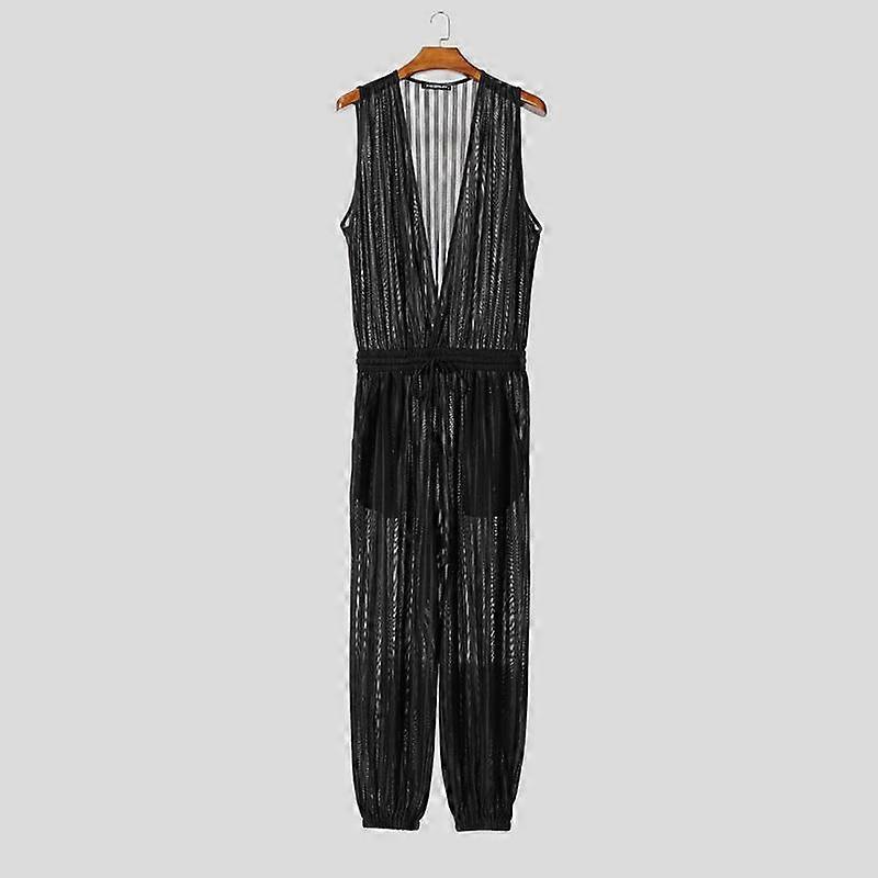 INCERUN Men Deep V Sleeveless Transparent Striped Mesh Sheer Long Jumpsuits Rompers