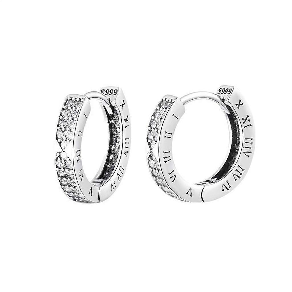 Men's s999 Silver Roman Numerals Hoop Earrings CZ Pave Huggie