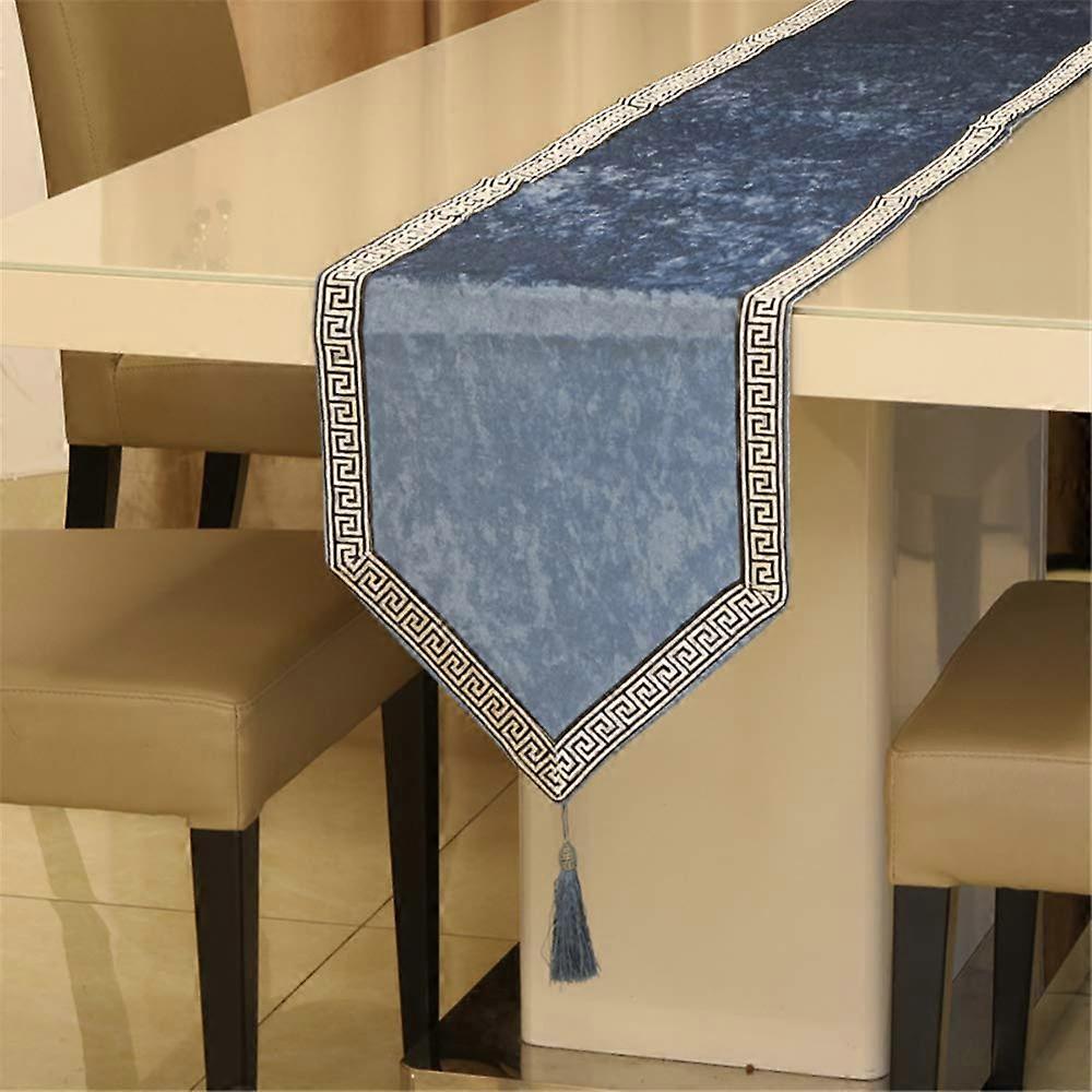 Table Runner Blue Solid Color, Soft Cloth Fabric, Chinese Style For Western Dining Table, Bed End Table