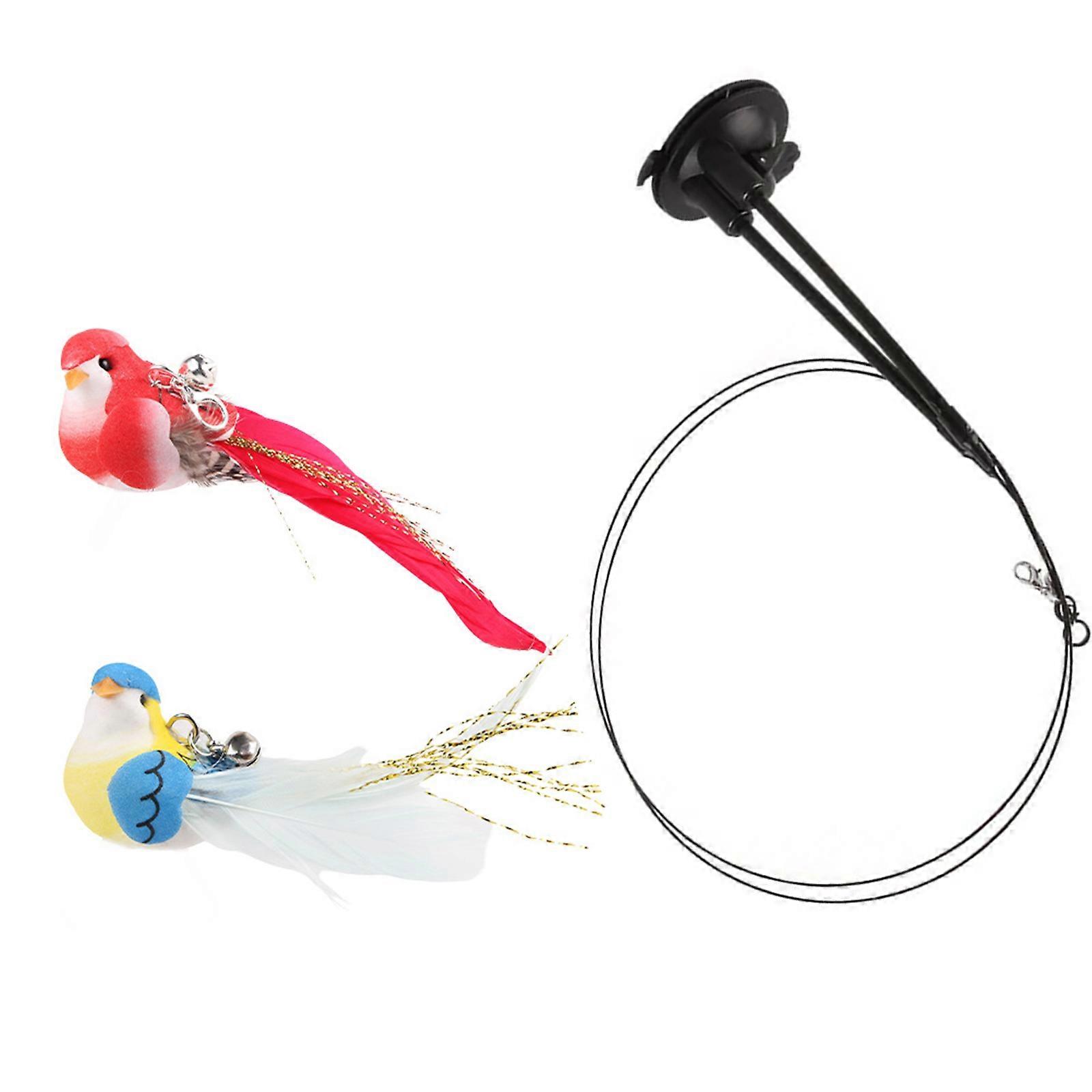 Interactive Feathered Cats Toy Teaser Wand Set With Rotating Birds Design And Suction Cup Base For Indoor Playtimes Multicolor