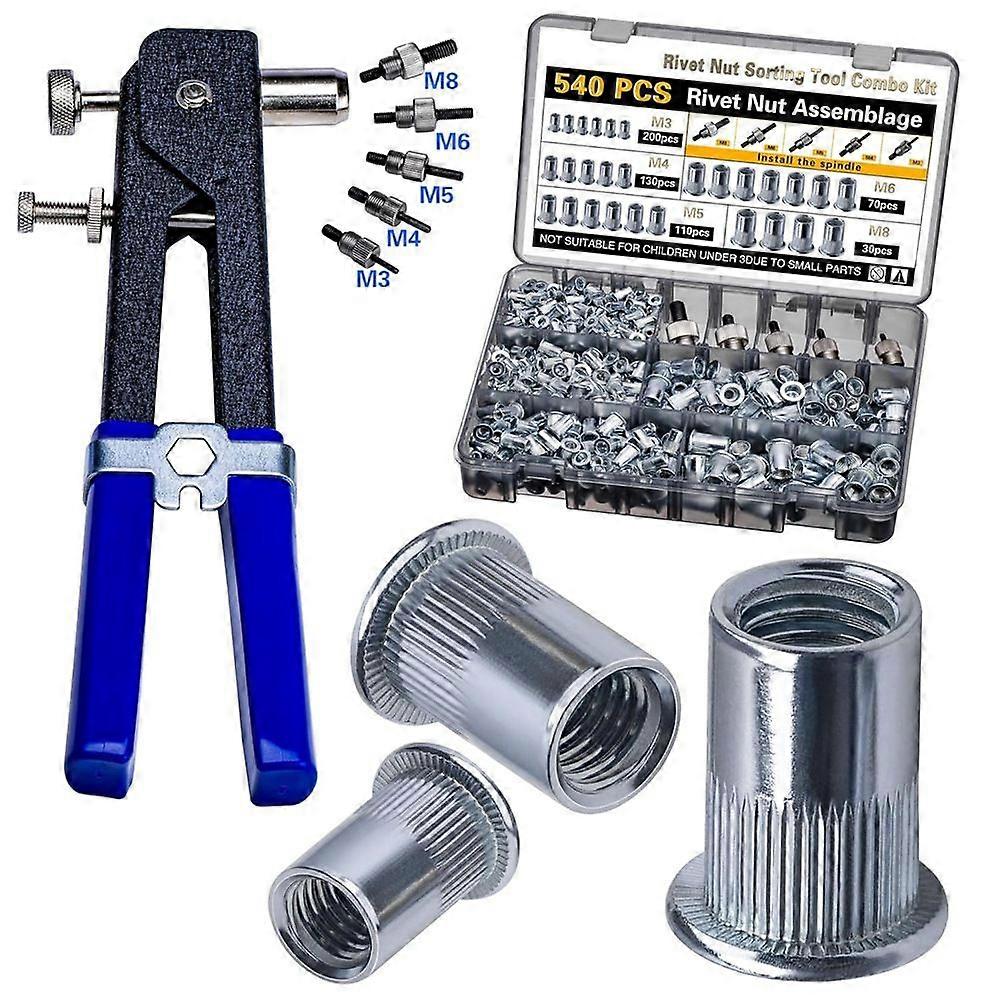 Rivet Nut Tool Kit 540Pcs Nut Riveter Tool Kit (M8/M6/M5/M4/M3), Suitable for Furniture, Decoration, Automobile, Ship