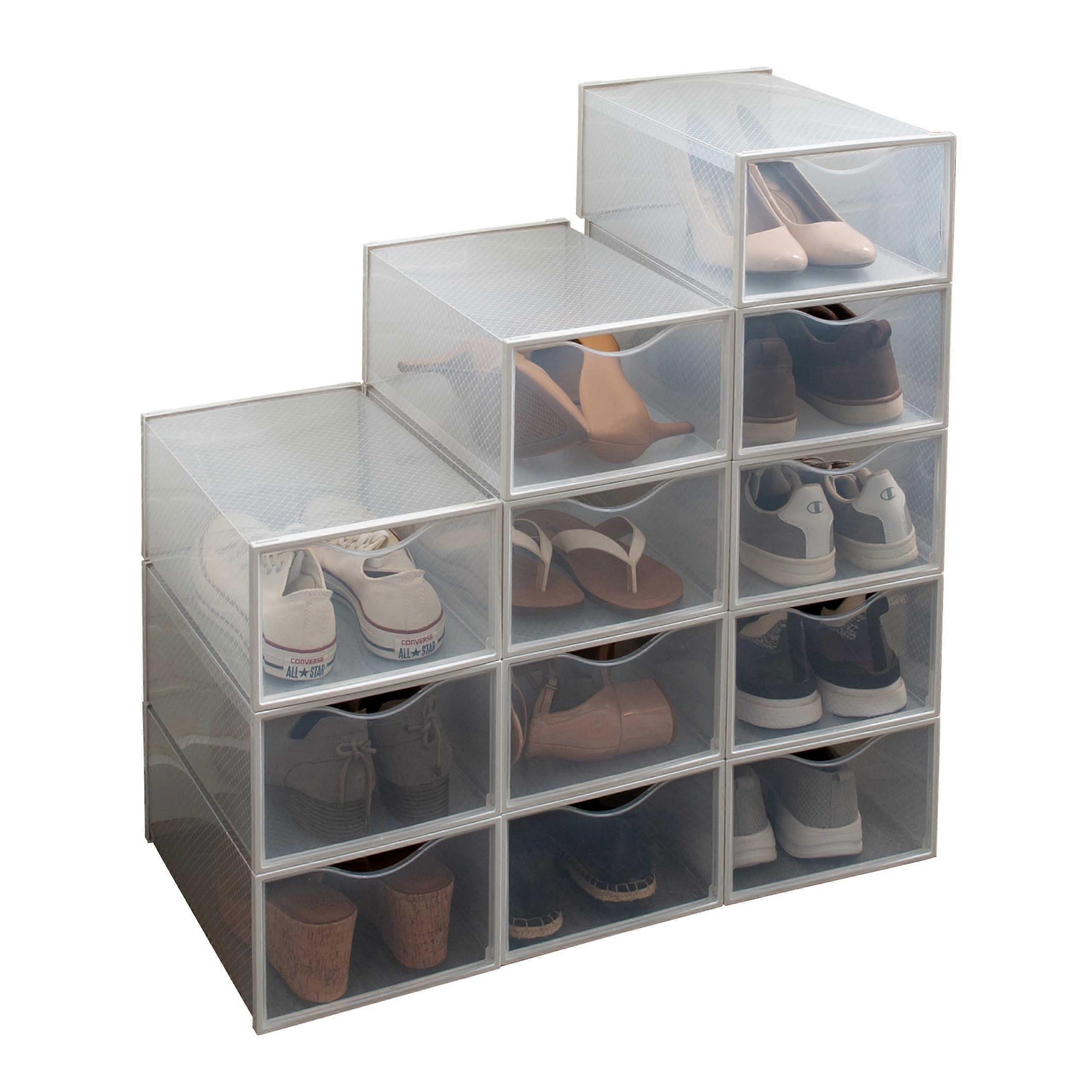 Set of 12 Stackable Clear Drop Front Shoe Boxes for Size 11 Sneakers and Heels Closet Storage