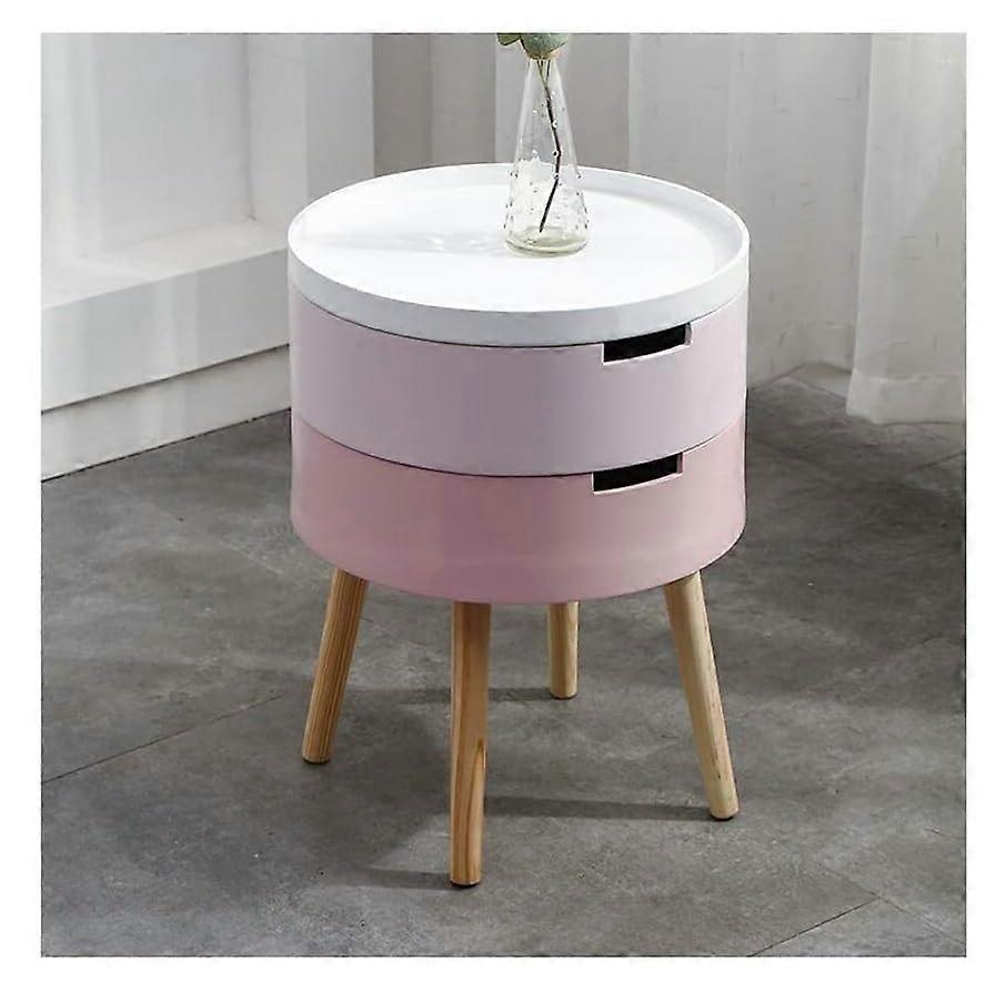 Nightstand with TwoTier Shelves, Modern Round Wooden Bedside Table for Small Spaces, Pink