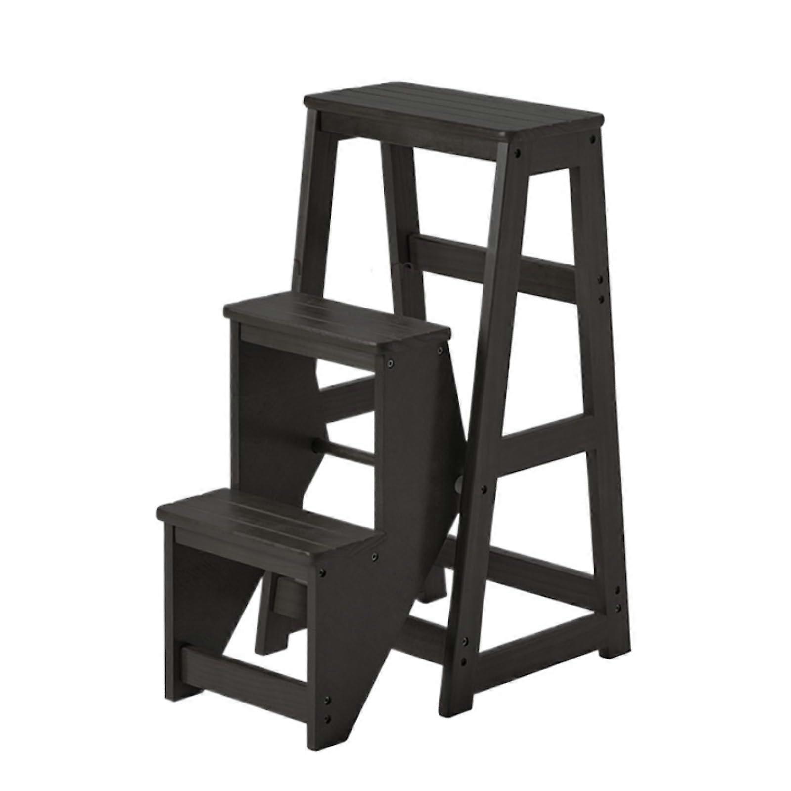 Wooden Step Stool with Foldable Staircase Design, NonSlip Feet for Kitchen and Attic Access, Black