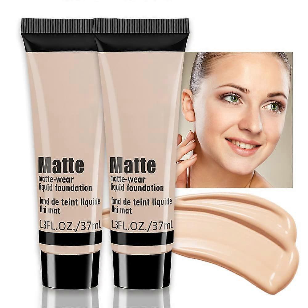 2 Pack Waterproof Full Coverage Liquid Foundation, Oil Control Matte Makeup, LongLasting Beige 2#