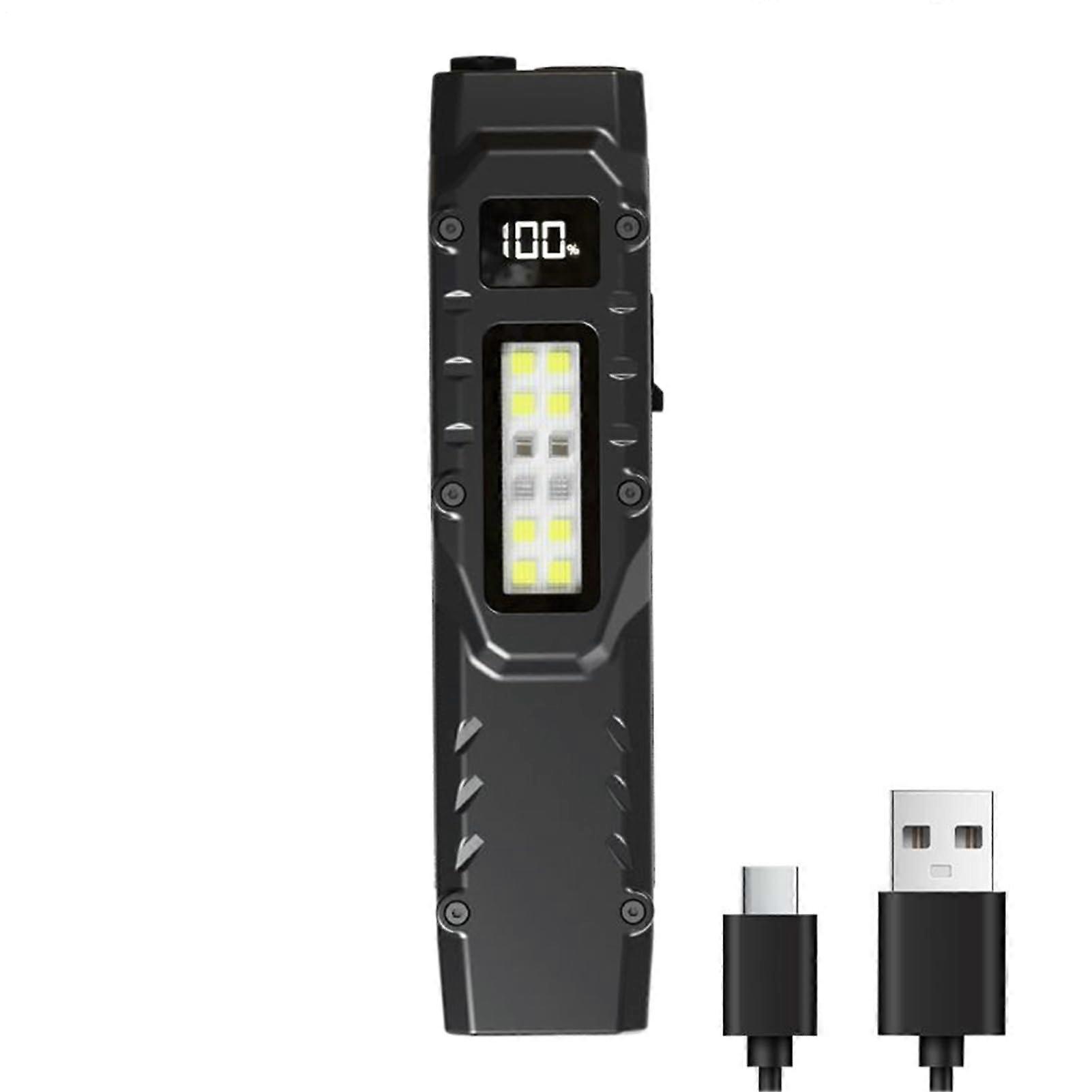 USB Rechargeable Flashlight with Pen Clip, LED Work Light, Digital Display, 3 Modes for Camping