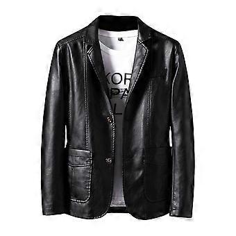 Chaqueta informal de cuero con cuello de traje para hombre, negra, L