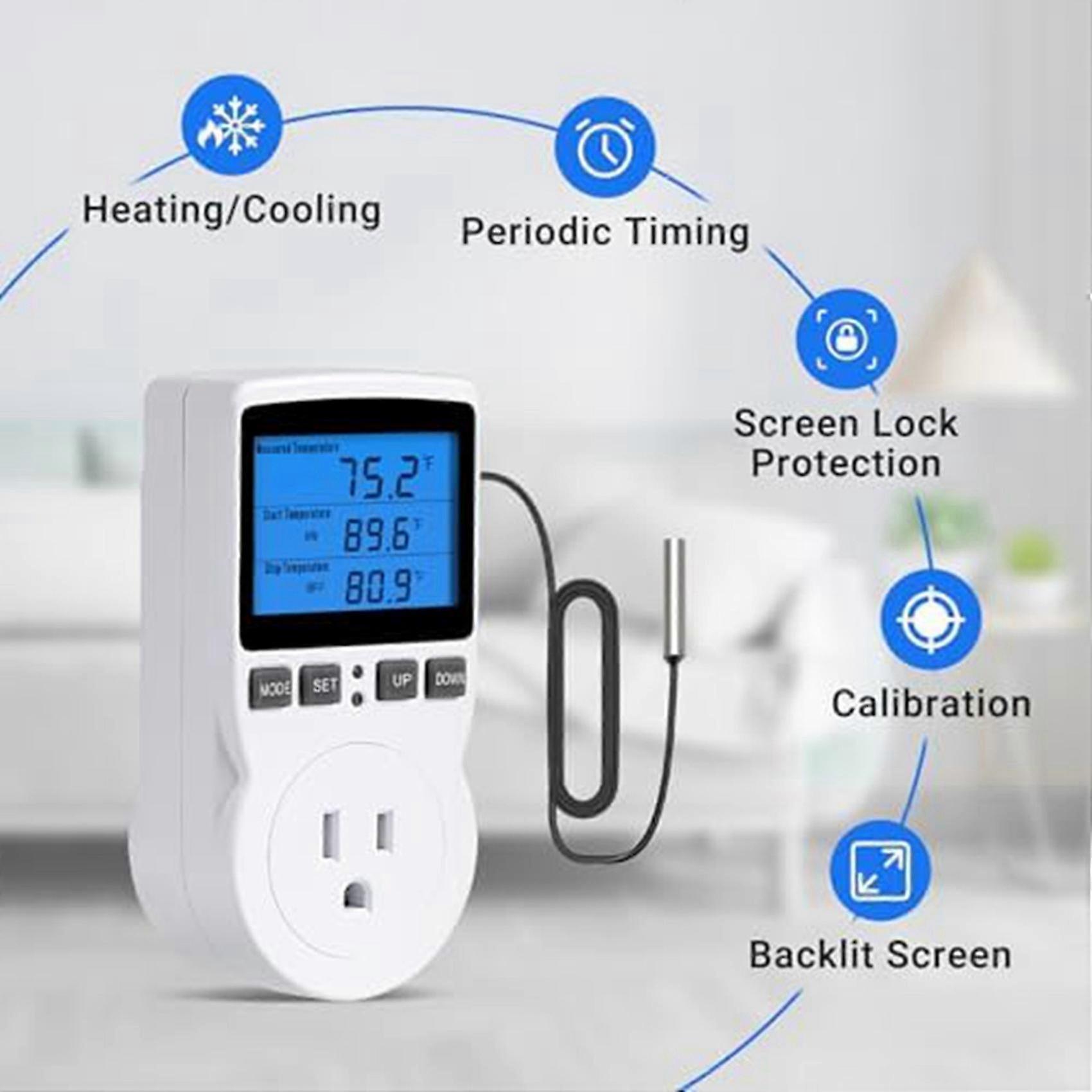 2X Plug-in Thermostat Temperature Controller Socket Heating Cooling Control Timer 1800W 110V 15A Backlit Display US Plug