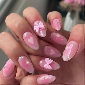 24 Pieces Short Almond Press On Nail Full Cover French Stick on Nail With 3D Bows Designs Glossy False Nail For Women