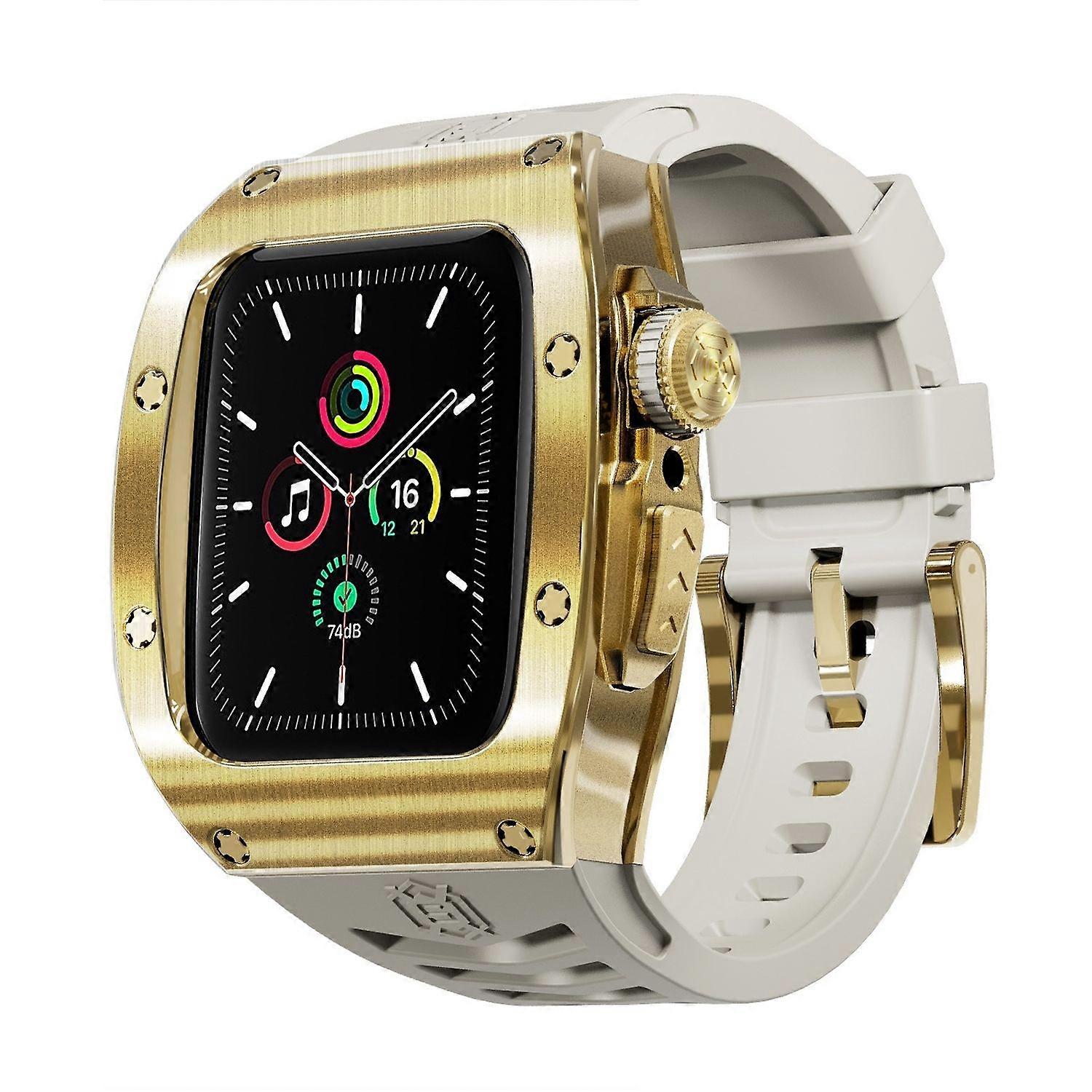 For Apple Watch Series 9 8 7 45 / SE 6 5 4 44 Silicone Band Metal Case