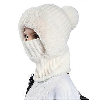Strickmütze für Damen, Fleecegefüttertes Winter-Schal-Masken-Set, Schneemützen, Plüsch-Ohrenschützer, Totenkopfmützen mit Bommel