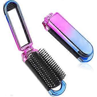 Mini travel hairbrush, compact and foldable, with a mirror and round nylon bristles, unisex, pocket-sized for easy carrying.