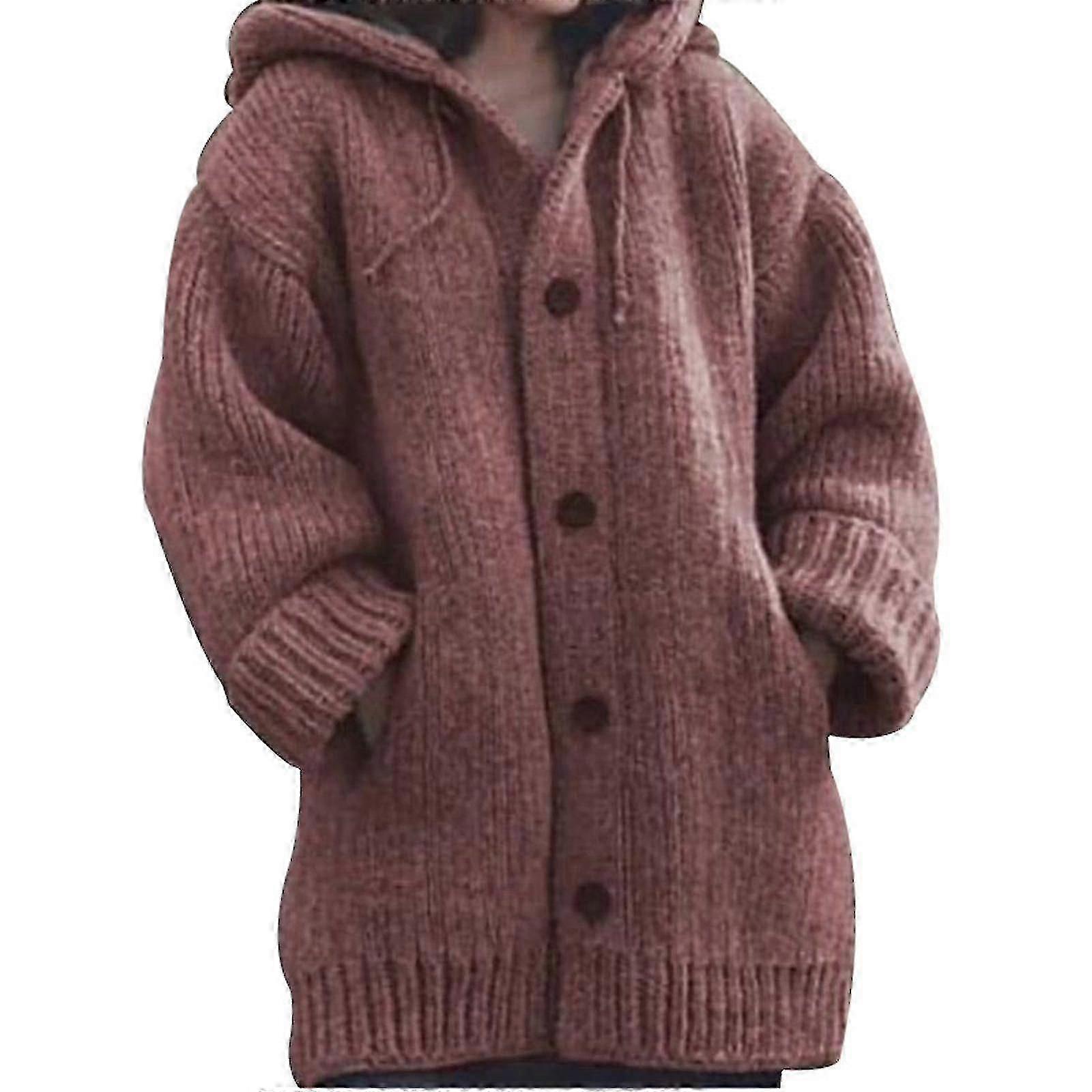 Frauen Kapuzen-Strickpullover Mittellang Button-Down-Pullover Wollmantel