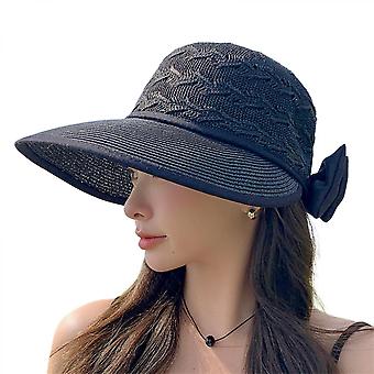 Women Beach Sun Protection Straw Hat Wide Brim Summer Travel Floppy Packable Cap With Ponytail Hole