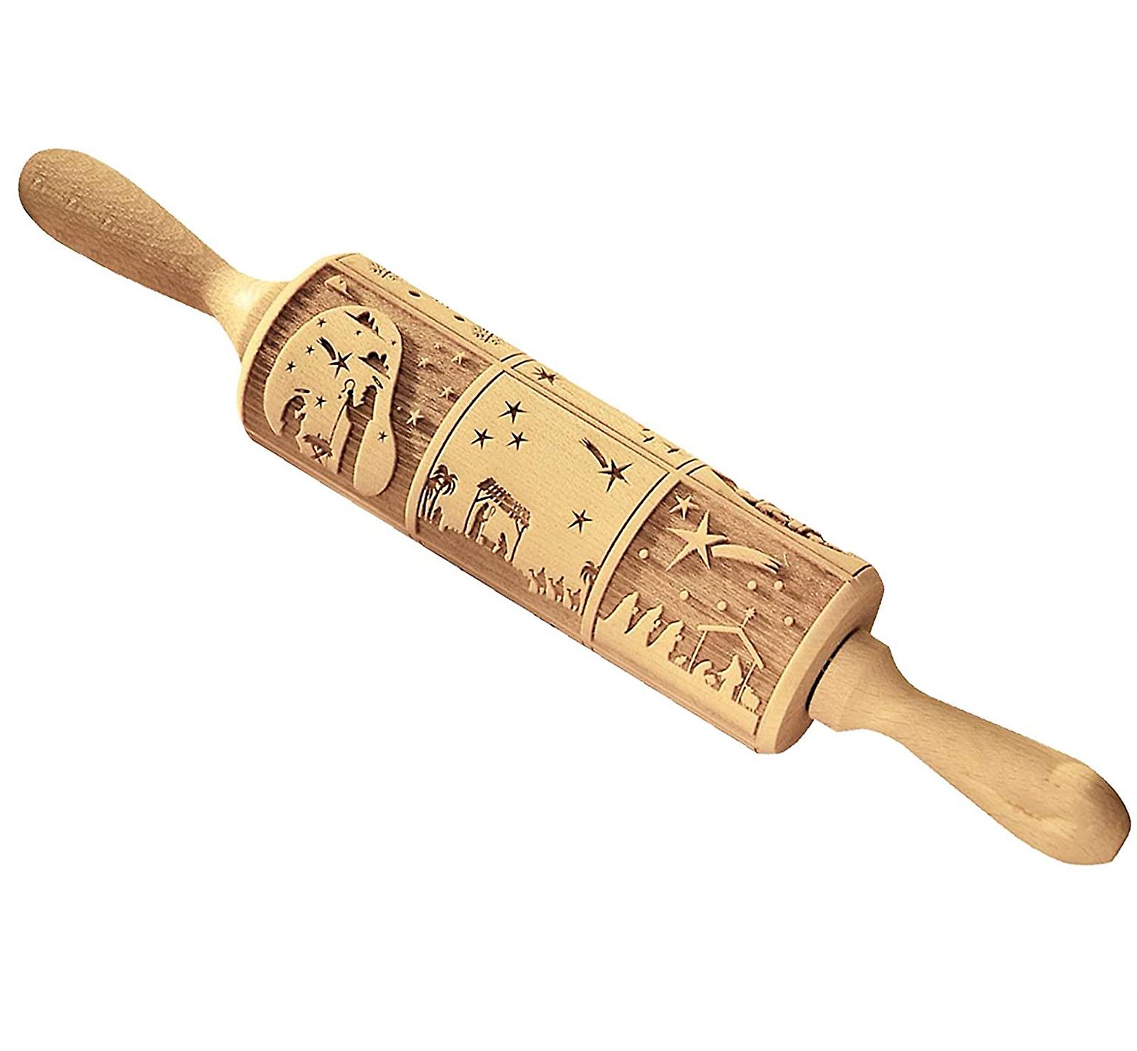 Nativity Engraved Rolling Pin Non-Stick Wooden Embossed Dough Roller Rolling Pins for Cookies Pies Clay Kitchen Tool New