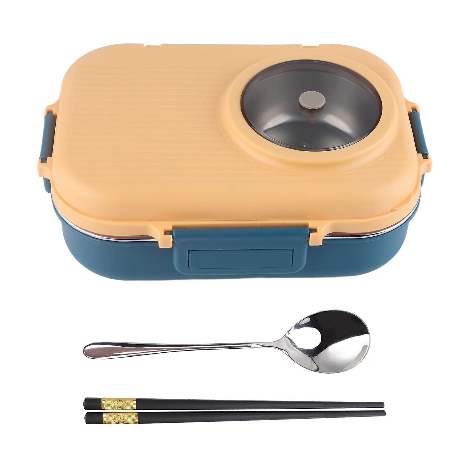 1100ml Double Layer 3 Compartment 304 Stainless Steel Insulated Lunch Box with Chopsticks Spoon Soup Bowl Blue and Yellow