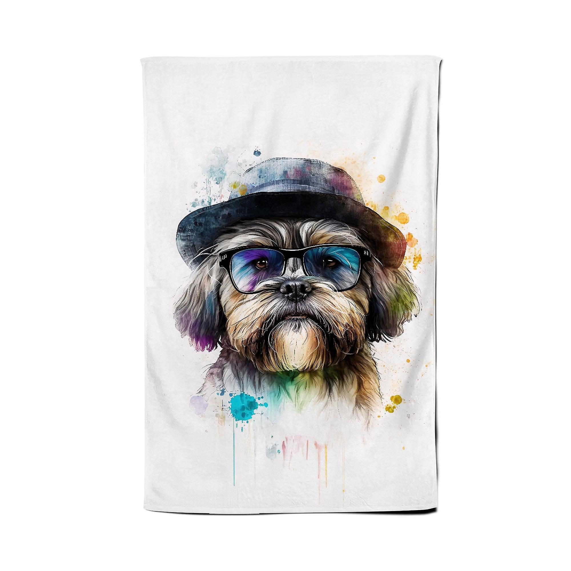 Lhasa Apso Dog With Glasses Splashart Tea Towel