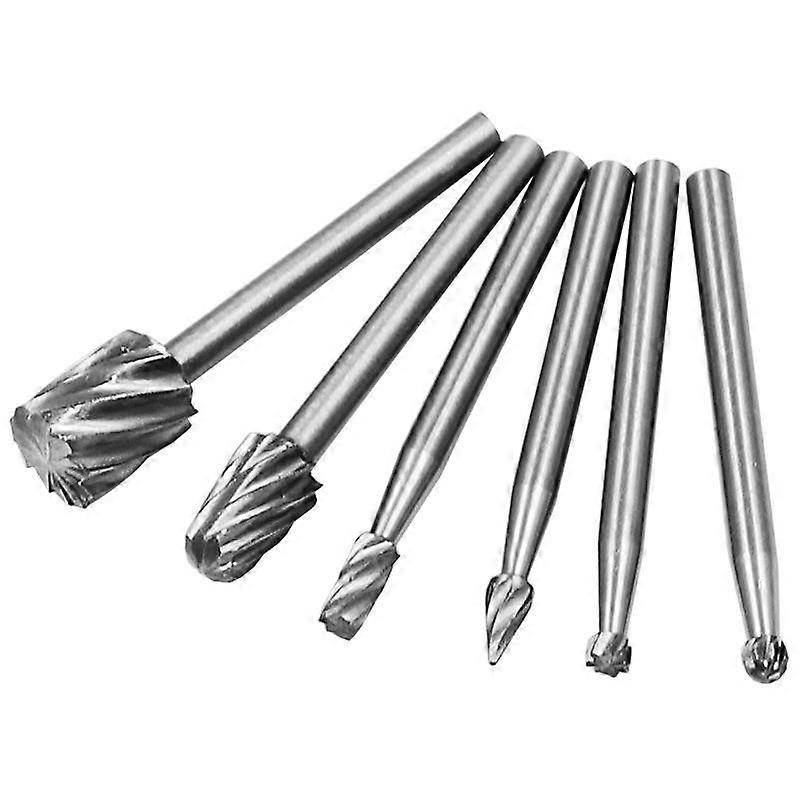 6-Piece Tungsten Steel Rotary File Set in Silver for Carving, Chamfering, and Drilling