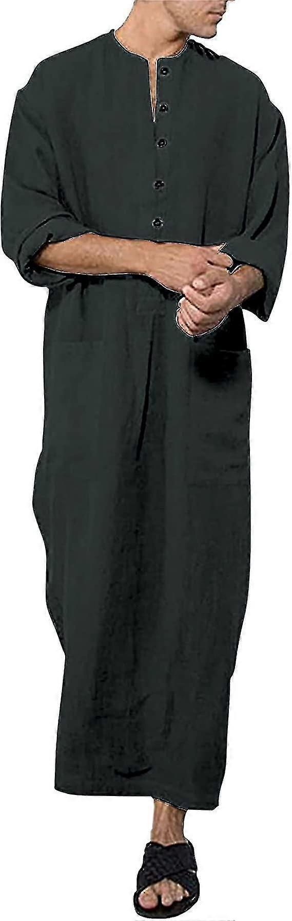 Herren Kaftan V-Ausschnitt Langarm Kaftan Herren Long Button High Thobe Herren Side Split Baumwolle mit Taschen