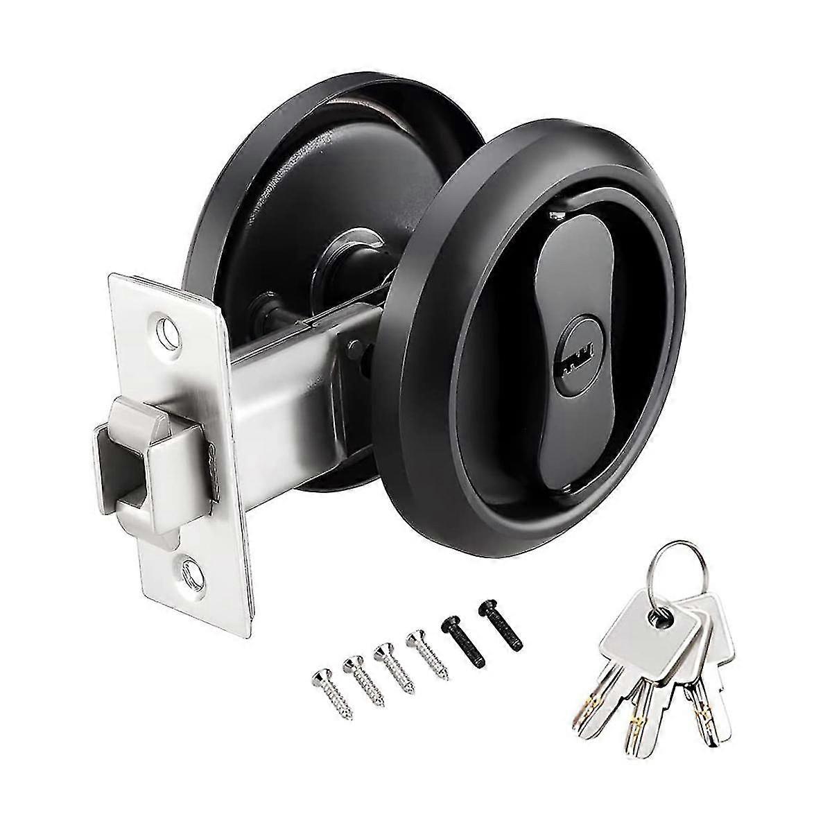 Privacy Pocket Door Lock With Key, Black Entry Pocket Door Hardware Latch, Round Pocket Door Lock W