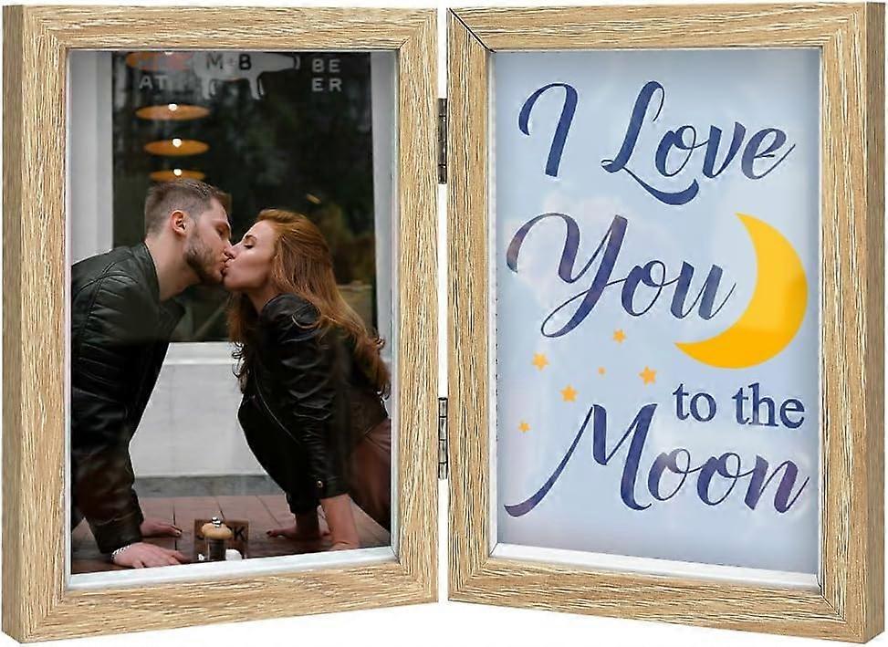 I Love You To The Moon Folding Photo Frame 6x4 Wood 2 Vertical Visual Window Picture Frames with Paper Affection Message Card Memorial Gift Photo Fram