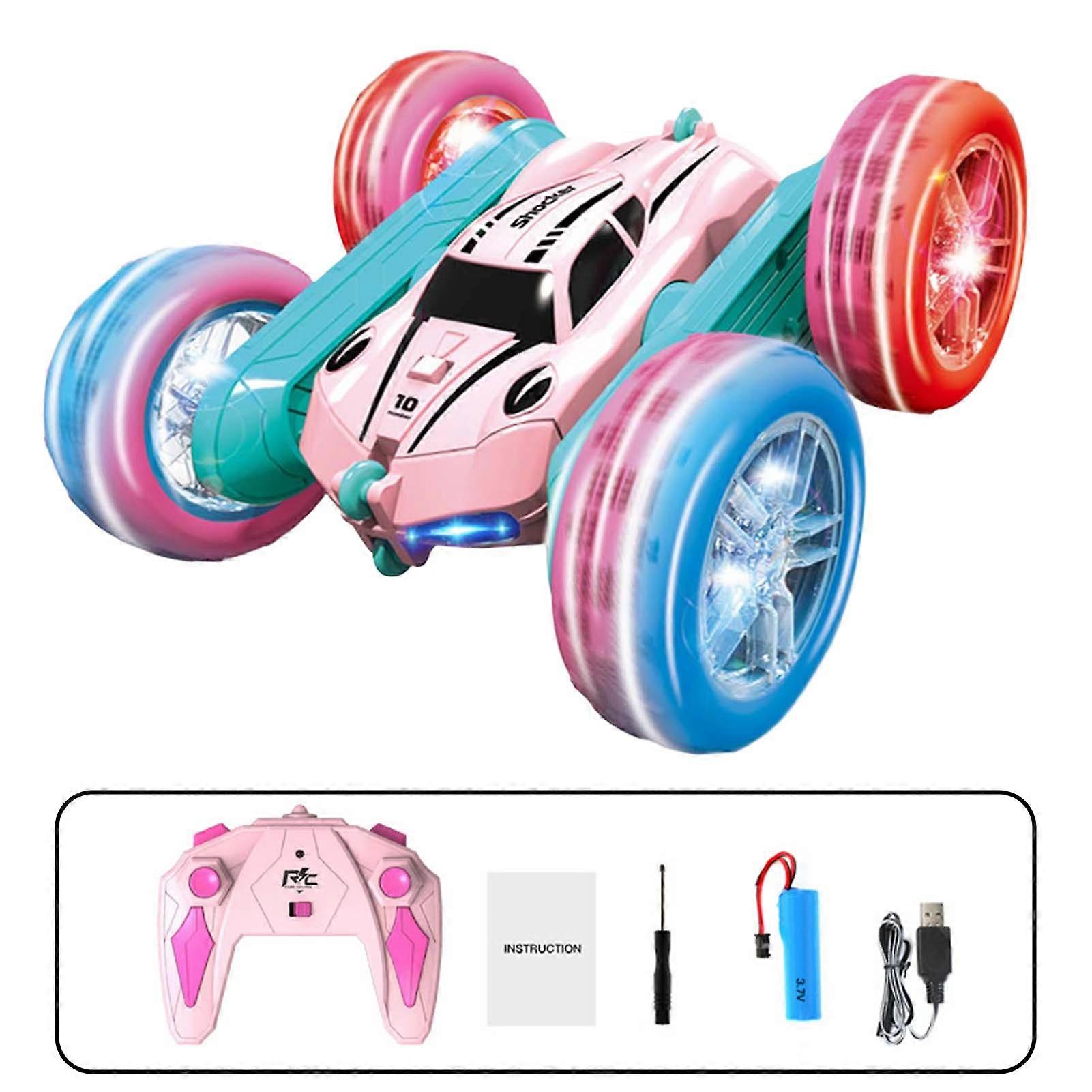 ピンクの電気4WD RCスタントカー、ライト付きポータブル両面スタントタンブラーカーおもちゃ子供用男の子女の子子供の日