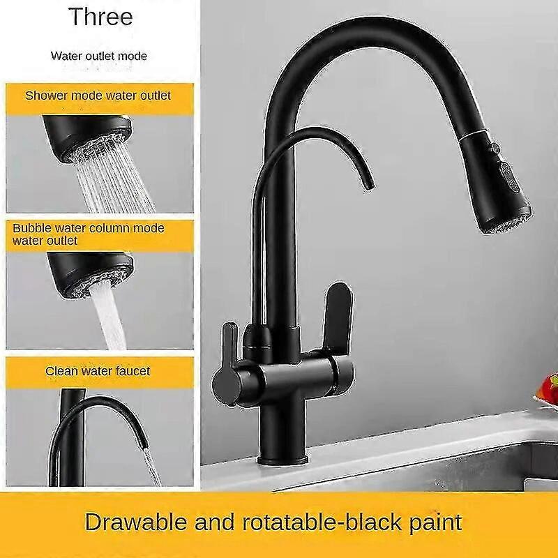 رائع غير لامع أسود نقي المياه المطبخ صنبور مقبض مزدوج مياه الشرب الساخنة والباردة سحب صنابير خلاط المطبخ