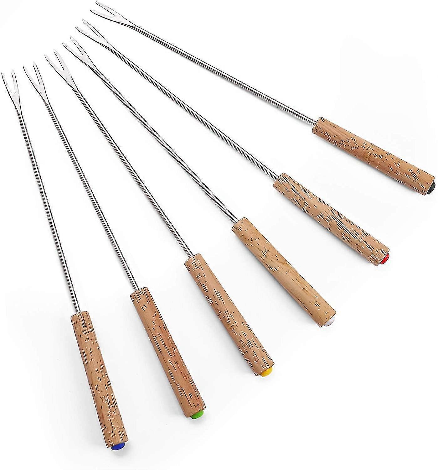Fondue Forks Wood Handle Heat Resistant 9.5" - Oak Handle Swiss Cheese Fondue Forksset Of 6