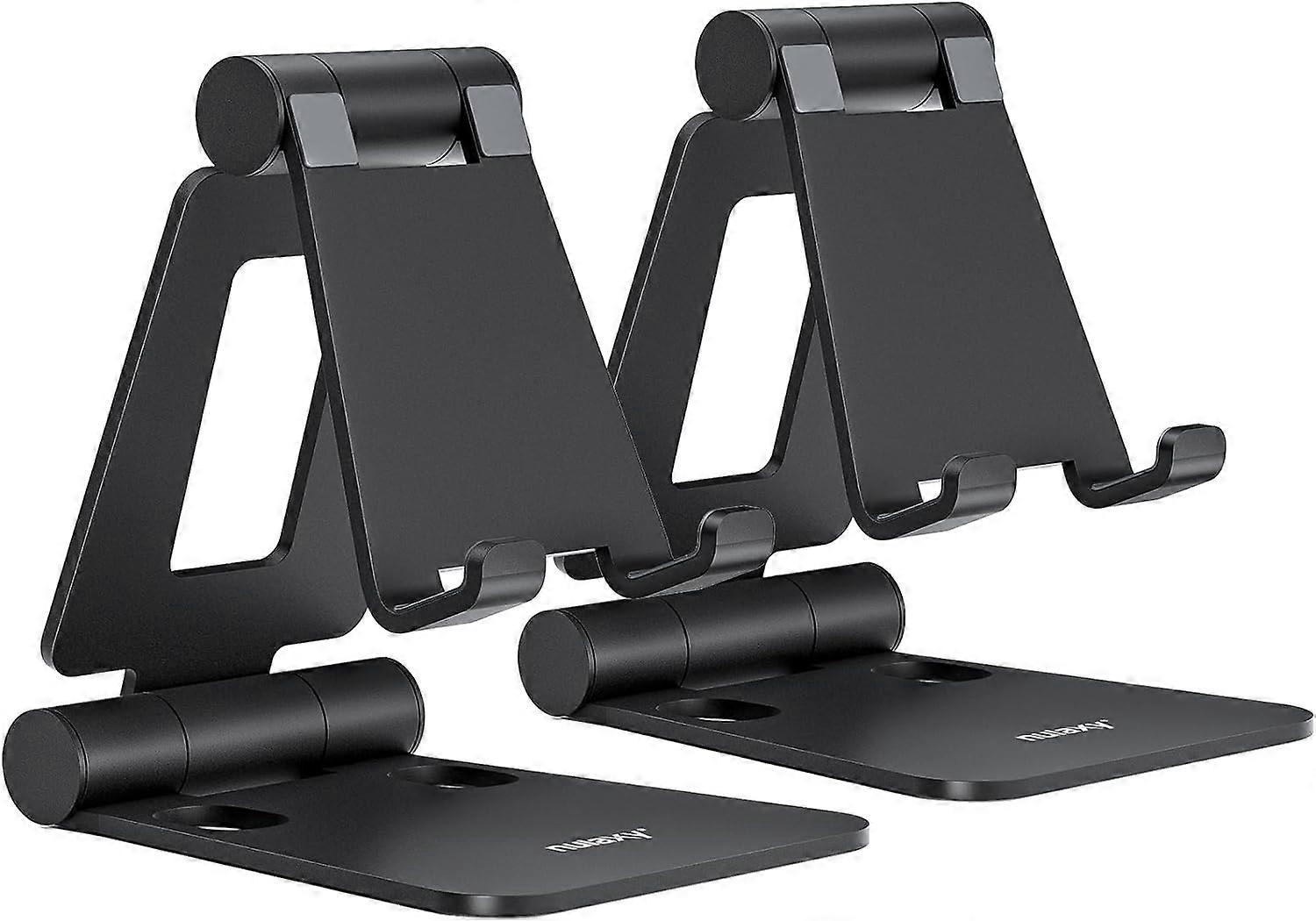 2er-Pack Dual Folding Phone Ständer, voll verstellbarer Desktop-Handyhalter Dock Aluminium, kompatibel mit allen Smartphones, schwarz