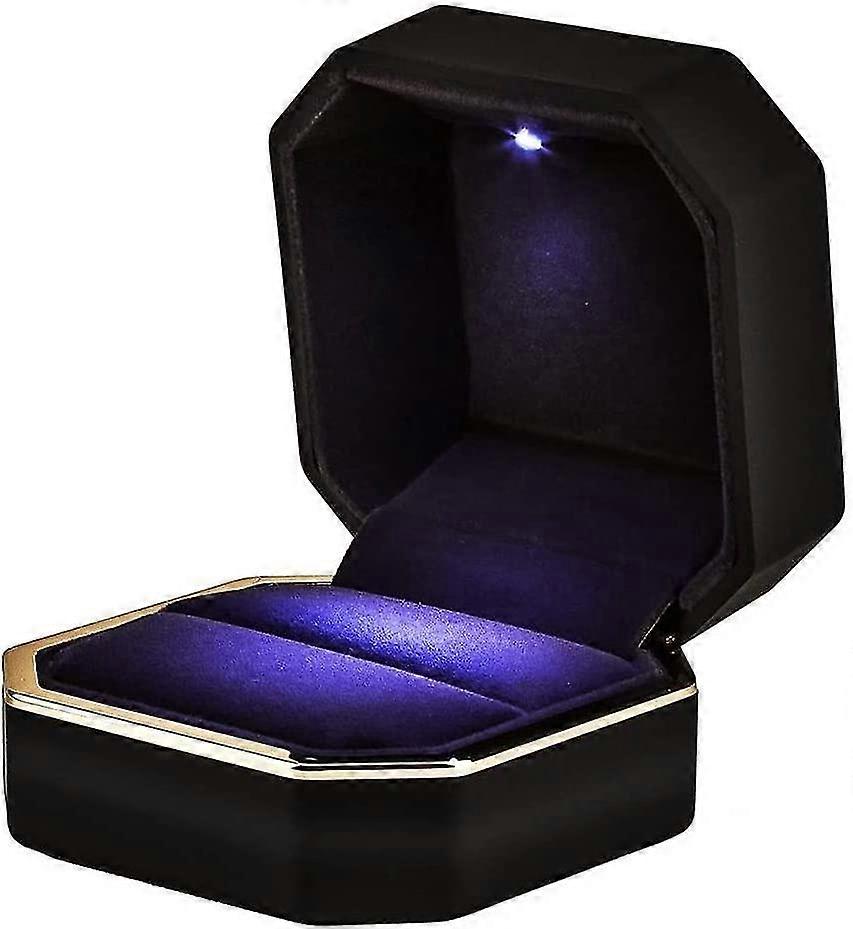 Ring Box Case With Led Light Square Black Jewelry Display Gift Box For Proposal Engagement Wedding