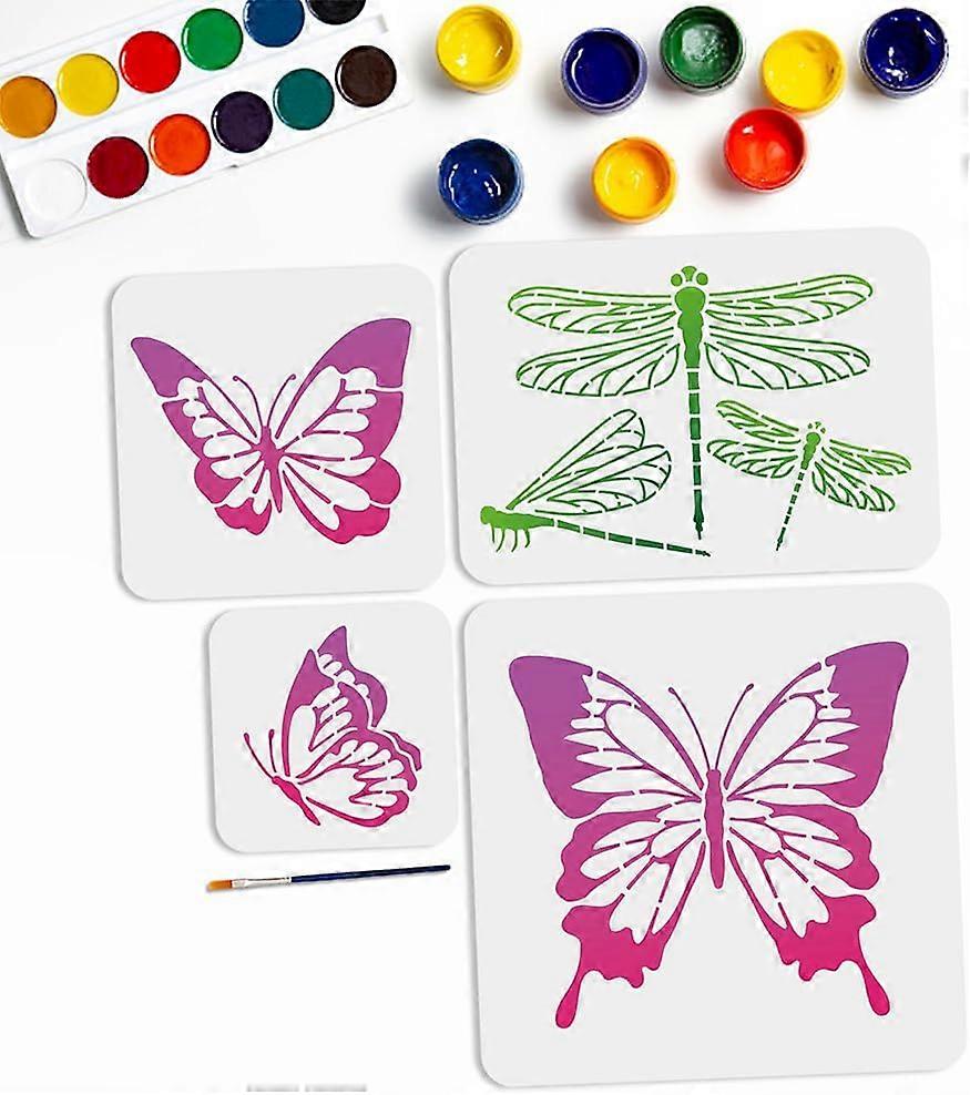 4pcs Dragonfly Butterfly Stencils 6~11.8inch 4 Sizes Small Butterfly Insect Flowers Craft Stencils with Paint Brush Reusable Butterfly Drawing Stencil