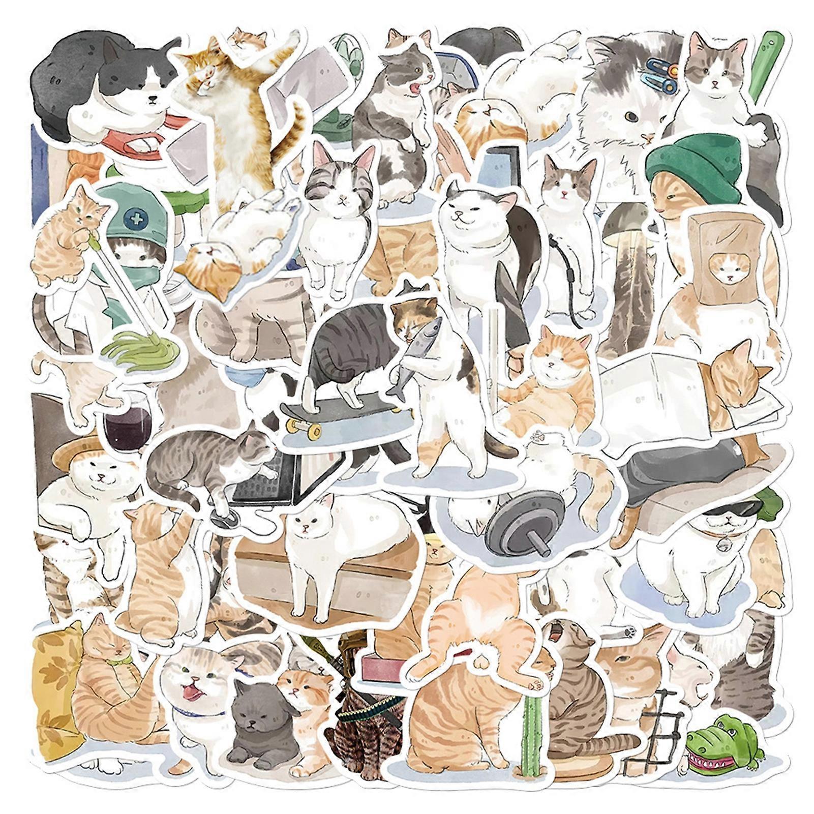 53Pcs / Set Cartoon Autocollant Imperméable Résistant à la chaleur Anti-rayures Anti-déchirure Re-coller Chat Peint à la main Scrapbook Autocollant Valise Accessoire mengxi