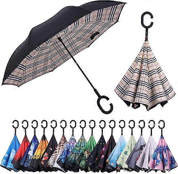 Inverted Reverse Umbrella with C-shaped Handle Windproof Upside Down Umbrellas for Rain Double Layer Hands Free Umbrella for Women and Men