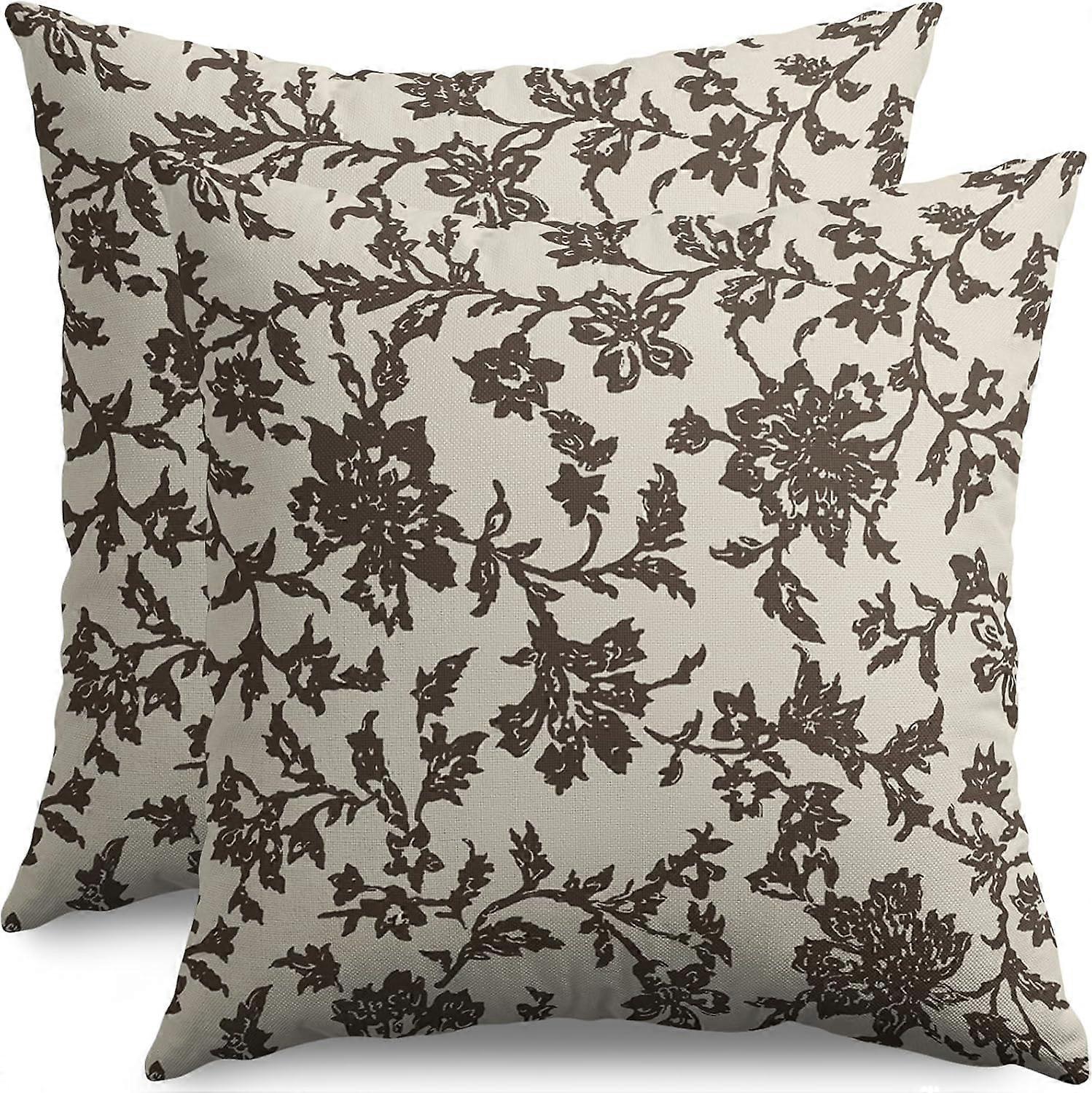 Dark Brown Floral Block Print Pillow Covers 16x16 Set of 2 Rustic Old Style Modern Vintage Flower Pattern Cream Decorative Throw Pillow Cases Outdoor
