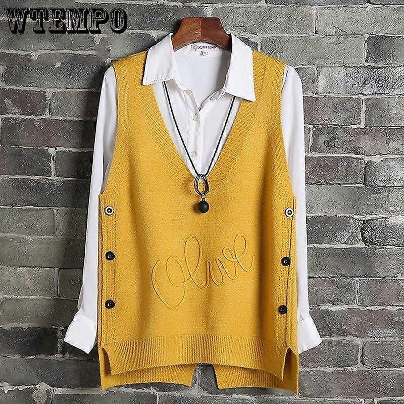 Love Vest Women's Knitted Vest Fashion Loose Net Red Same Style Waistcoat V-neck Double Breasted Trim Slit Hem