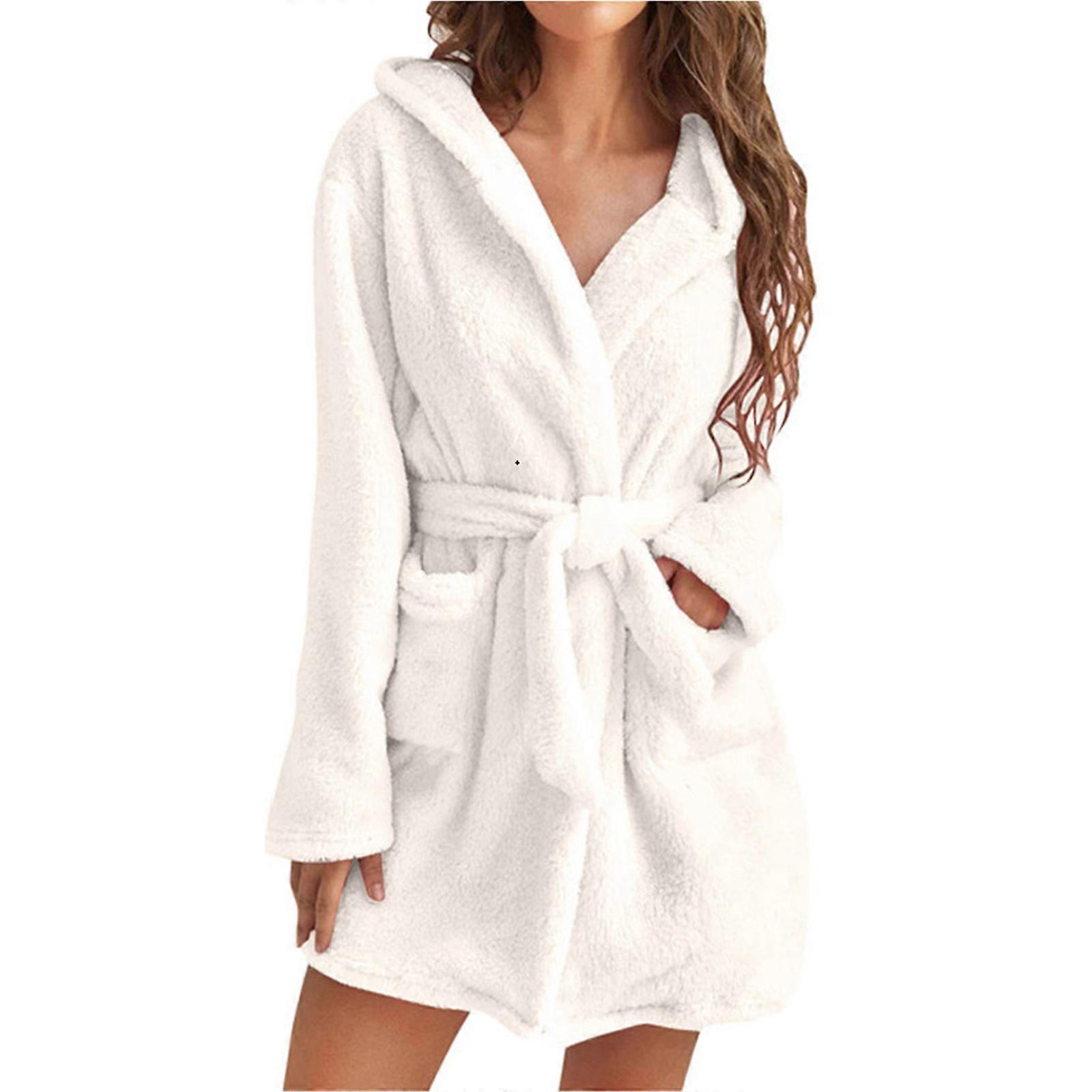 Women's Plush Fleece Robe Belted Warm Bathrobe Short Winter Housecoats Soft  Cozy Nightgown Sleepwear with Pockets White XXL | Fruugo NO