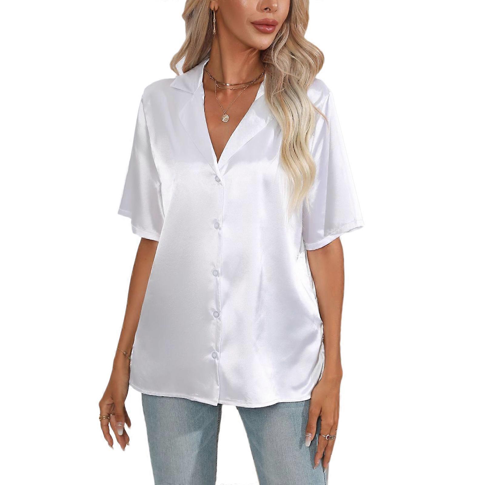 Da donna a maniche corte Button Down Soft - Camicie di seta Liscio Casual Camicette da lavoro Top Tuniche da lavoro Top Regalo Bianco XL