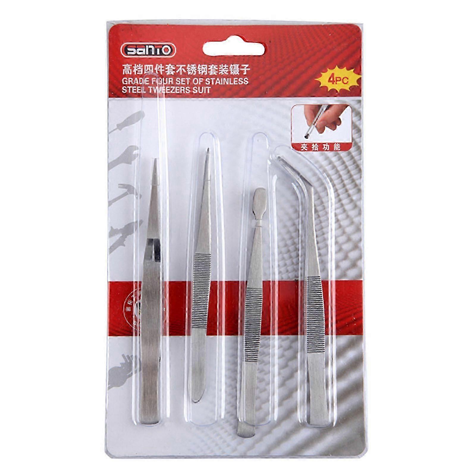 4Pcs Stainless Steel Tweezers Set - Pointed, Curved, Flat for Precise Maintenance