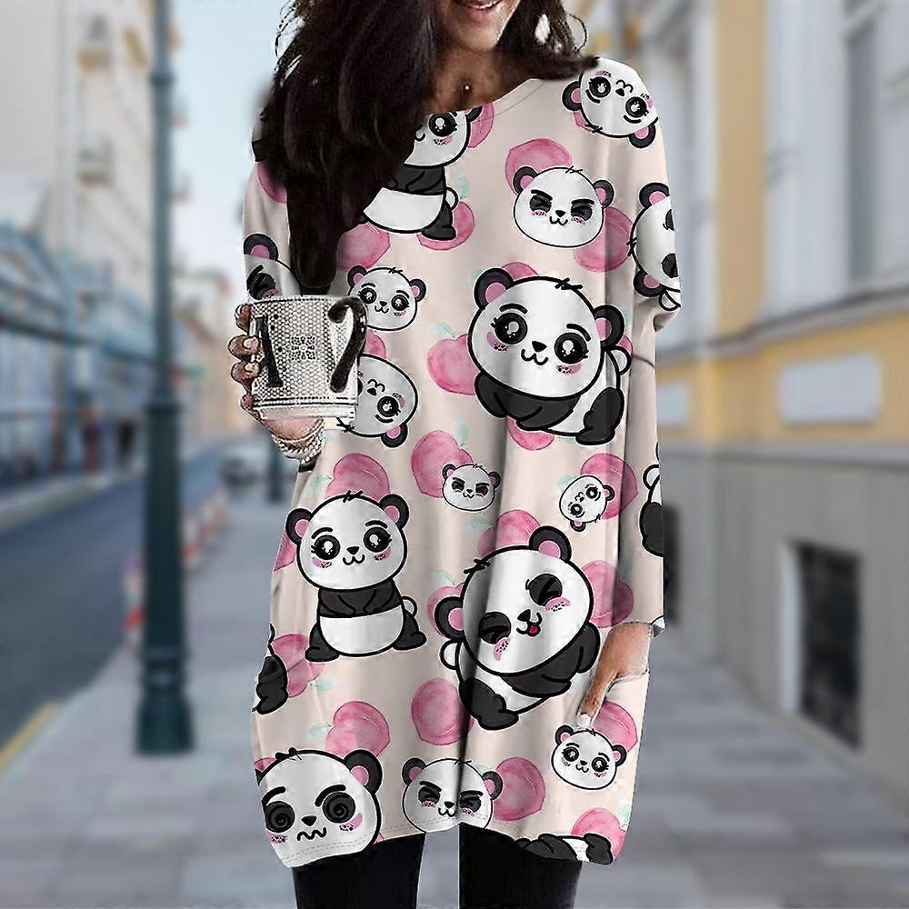 Damen Kleid mit Rundhalsausschnitt mit Panda-Print Frühling Herbst Kleid in Übergröße Kleid mit Tasche