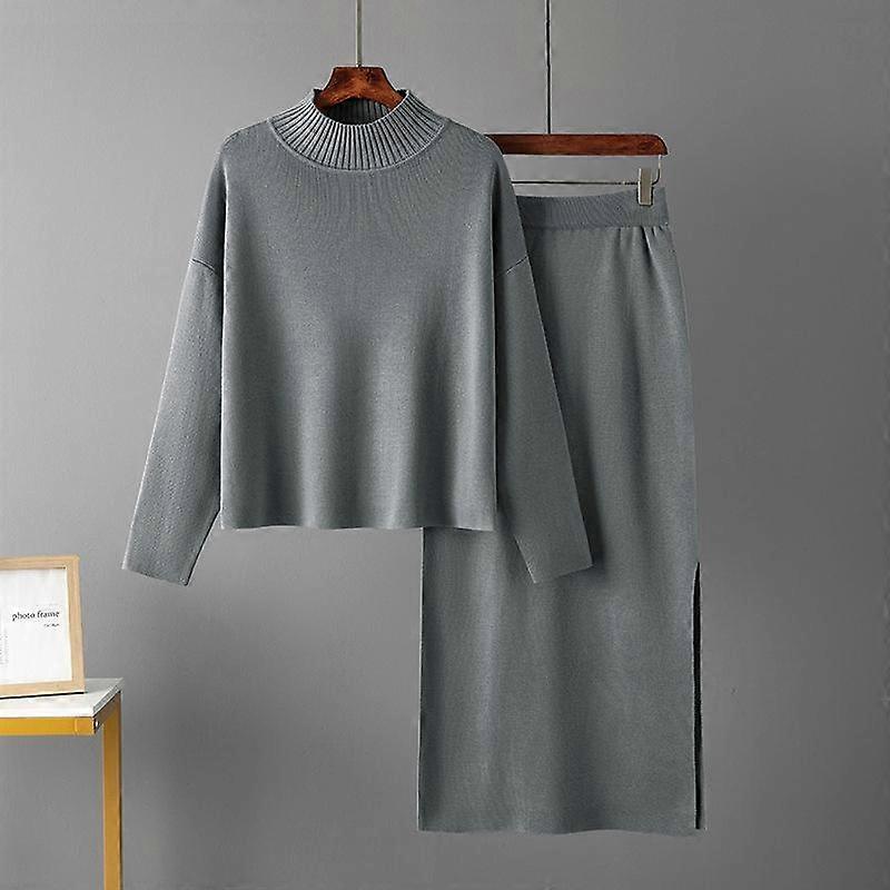Women's Spring and Autumn Sweater Set Casual Loose Fashion Long Sleeve Knitted Tops Long Skirts Two Piece Sweaters