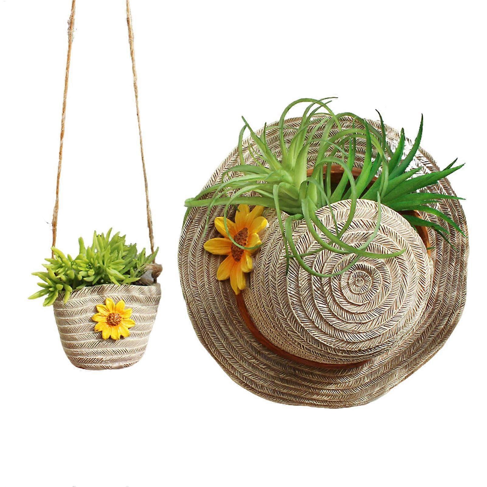 Unique Flower Pots with Drainage | Boho Style Resin Straw Hat Plant Container for Bonsai, Orchid, Cactus, Succulents