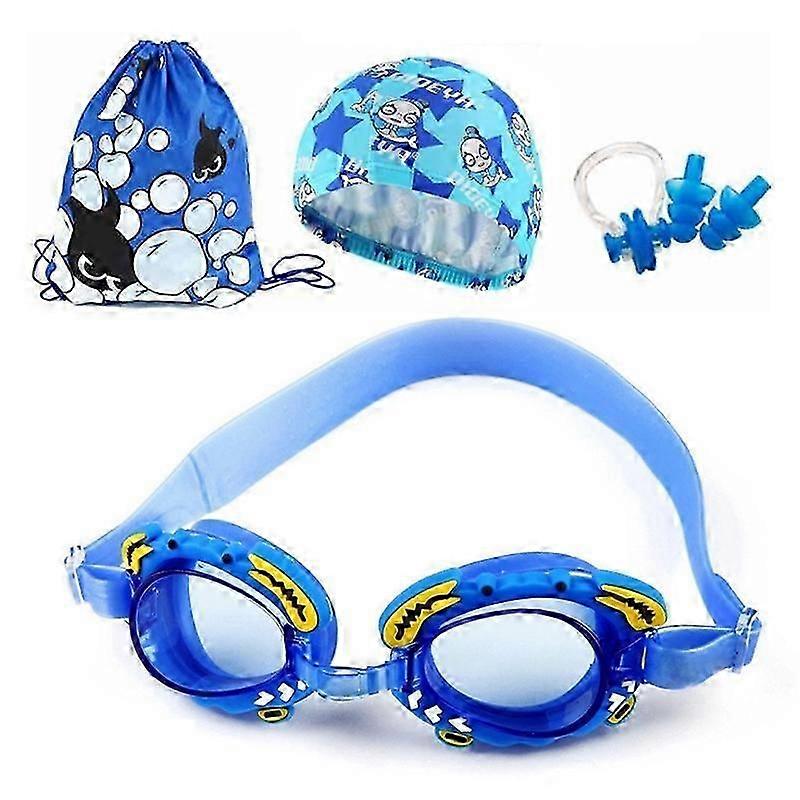 4 in 1 Cartoon Little Crab Waterproof and Anti-fog Silicone Swimming Goggles + Printed Pattern Cap 4 in 1 Swimming Set (Blue Crab)